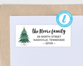 Plantilla de etiqueta con dirección de devolución para árbol de Navidad, sobre personalizado para imprimir y decorar con dirección de tarjeta navideña caprichosa/NP193