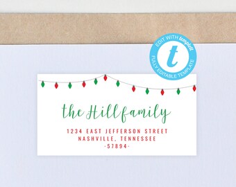 Etiquetas de dirección con luces navideñas/Etiqueta de dirección para destinatarios/Etiqueta de dirección imprimible/Etiqueta de dirección para hacer uno mismo/Plantilla de etiqueta de dirección navideña/NP143