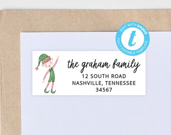 Plantilla de etiqueta con dirección de retorno de elfo navideño, plantilla de etiqueta de envío de Navidad personalizada con ayudante de Papá Noel/NP187