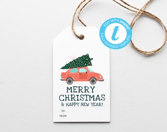 May include: A white gift tag with a red car carrying a green Christmas tree. The tag reads "MERRY CHRISTMAS & HAPPY NEW YEAR!" with space for "TO:" and "FROM:" at the bottom. A brown string is attached.