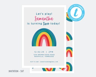 Invitación de cumpleaños arcoíris: Editable (12,7 x 18,8 cm) (Descarga digital)