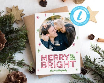 Diseño de tarjeta fotográfica navideña contemporánea, plantilla de tarjeta familiar editable (descarga digital) NP181