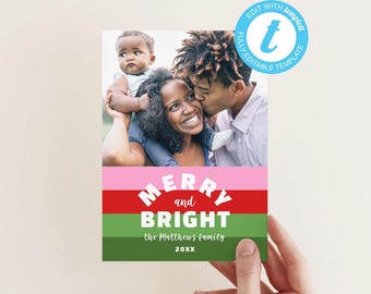 Plantilla de tarjeta navideña: Diseño alegre y brillante. Tarjeta fotográfica navideña con descarga digital, NP197