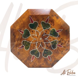 Joyero marroquí de madera de tuya hecho a mano – Joyero con incrustaciones octogonales | Decoración bohemia | Regalo ético | Diseño de nácar y pintado