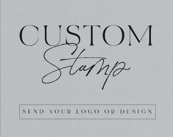 May include: A grey background with the text "CUSTOM Stamp" in black, with the word "Stamp" in cursive. Below the text is a white rectangle with the text "SEND YOUR LOGO OR DESIGN" in black.