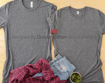 Download Free Couple Shirt Mockup Bella Canvas 3001 Shirt Grey Outfit Flat Lay Apparel Photography 3d Psd Mockups PSD Mockup Template
