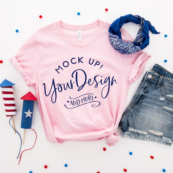 4th Of July Shirt Mockup | Pink | Bella + Canvas 3001 Unisex Jersey Tee | Flat lay