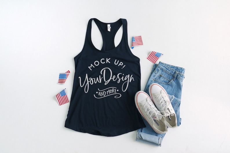 Summer Mockup 4th of July Mockup with Flags Women Ideal Racerback Tank Styled Mockup Flat Lay Next Level 1533 Black