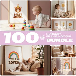 Könnte beinhalten: Eine Sammlung von Mockups für Kinderzimmerrahmen mit gerahmten Kunstdrucken mit Text und Illustrationen. Die Drucke zeigen einen Bären mit Partyhut, einen Regenbogen und inspirierende Sätze. Das Bild zeigt auch ein Baby und ein Kind.