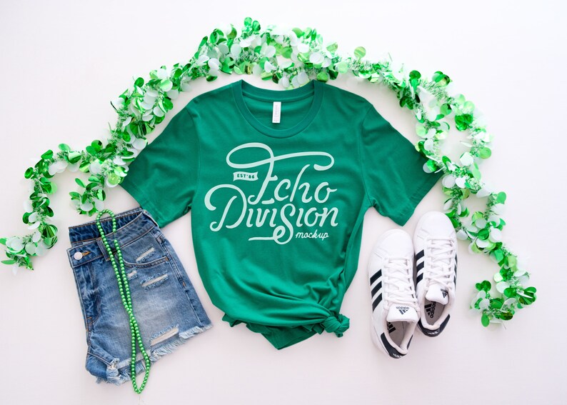 Bella Canvas 3001 T-Shirt Mockup Shirt Mockup St Patrick/'s Day Flat lay Apparel Photography Kelly Green