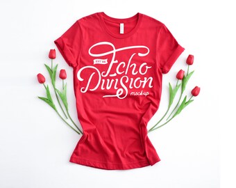 Valentine Shirt Mockup - Bella Canvas 3001 - Red - T-Shirt Mockup - Apparel Photography - Flat lay