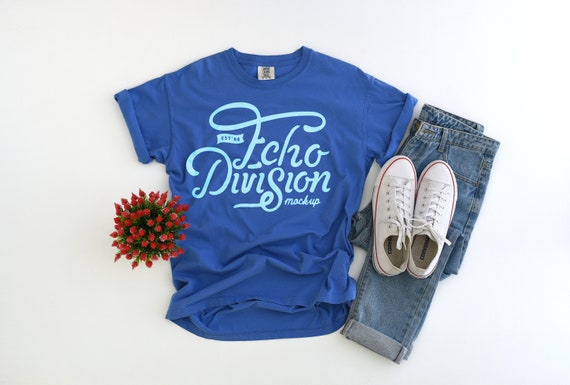 Hanging Shirt Mockup Flo Blue Garment Dyed Heavyweight Ringspun Short Sleeve Shirt 1717 flat lay photography Comfort Colors