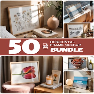 May include: A collection of framed art prints and mockups, including a floral print, a seascape, and a tulip. The frames are displayed on various surfaces with decorative elements like books, candles, and vases. The text "50 HORIZONTAL FRAME MOCKUP BUNDLE" is visible.