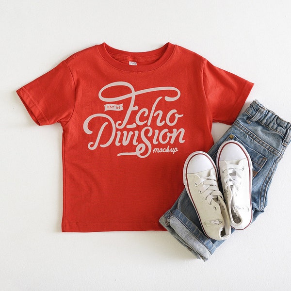 Shirt Mockup - Rabbit Skins - Toddler Fine Jersey Tee - 3321 Red - Outfit Flatlay