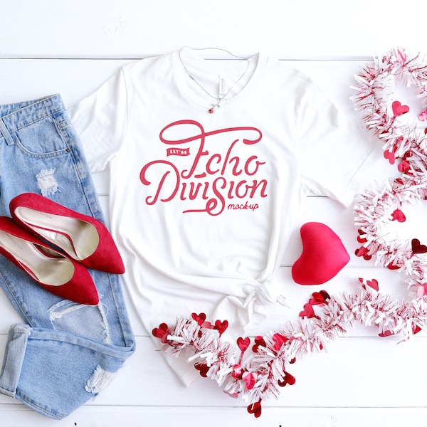 Valentine Shirt Mockup - Bella Canvas 3001 - White - T-Shirt Mockup - Apparel Photography - Flat lay