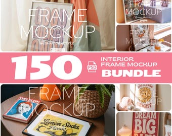 May include: A collection of interior frame mockups, showcasing various framed art pieces in different settings. The image includes frames with the text "FRAME MOCKUP" and "150 INTERIOR FRAME MOCKUP BUNDLE". The frames feature art prints and are displayed with decorative elements.