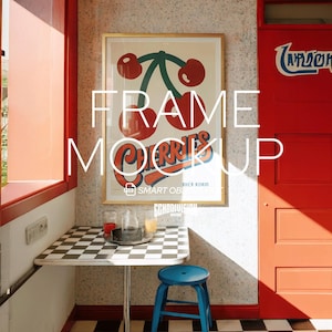 May include: A framed poster with a cherry design hangs above a small checkered table. The poster features red cherries and the word "Cherries". A blue stool sits in front of the table. The room has red trim and a red door.