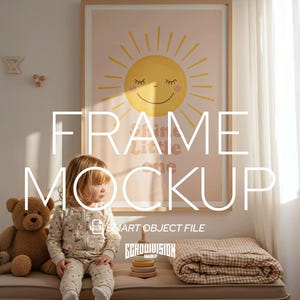 Kinderzimmer-Rahmen-Modell Din A Ratio, vertikaler Holzrahmen PSD mit Kind, Poster-Mockup für Kinderwandkunst, Babyraum-Kunstanzeigeszene