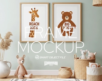 May include: A mockup of two framed prints with a giraffe and bear illustration, with the text "Reach High" and "Big Hugs". The scene includes a rug, baskets, and stuffed animals, creating a nursery or children's room theme.