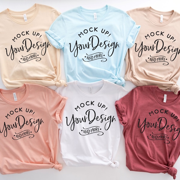 Shirt Mockup - Bella Canvas 3001 Shirt - Soft Cream - Heather Ice Blue - Tan - Heather Peach - White - Heather Mauve