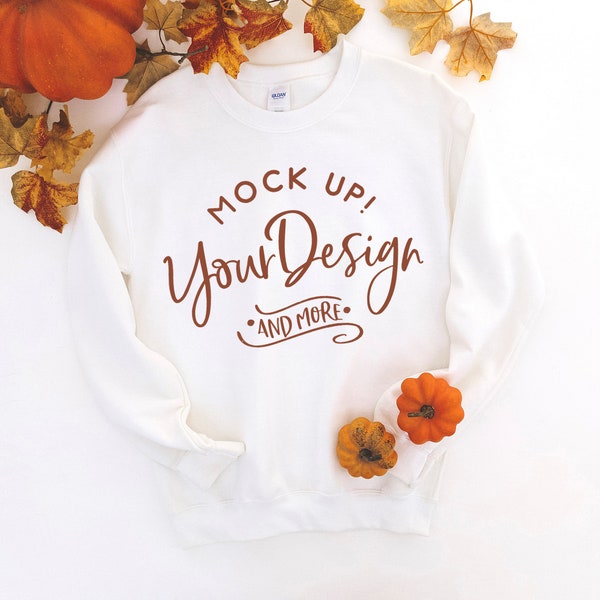 Fall Mockup - Sweatshirt Mockup - Gildan Mockup - White -  Heavy Blend Crewneck Sweatshirt - 18000 mockup - flat lay - photography