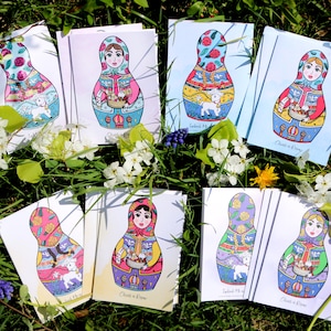 16 cartes Pâques/Pascha pliées. Poupée gigogne Matriochka 4 couleurs Le Christ est ressuscité panier bougie agneau lys grec orthodoxe ukrainien