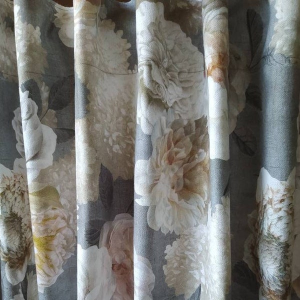 Rideau en coton de haute qualité Serene Rose noble chic 245 cm de long gris beige vieux rose blanc fleurs de Pentecôte fleurs de rose pivoines