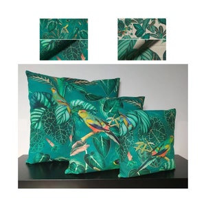 Cotton cushion cover, couch cushion cover, decorative cushion in 3 sizes summery tropical plants parrot botanical garden green