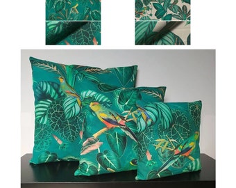 Housse de coussin en coton, housse de coussin de canapé, coussin décoratif en 3 tailles plantes tropicales estivales perroquet jardin botanique vert