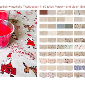 Könnte beinhalten: Eine Sammlung von 60 festlichen Weihnachtstischdecken in verschiedenen Mustern und Größen. Die Tischdecken zeigen eine Vielzahl von Designs, darunter Weihnachtsmann, Rentiere, Schneeflocken und Sterne. Der Text "Frohe Weihnachten" ist in Rot auf der Tischdecke gedruckt.