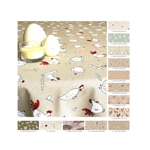 May include: A beige tablecloth with a repeating pattern of chickens, eggs, and bunnies. The tablecloth is decorated with a variety of colors, including red, orange, green, and brown. The tablecloth is perfect for a spring or Easter celebration.