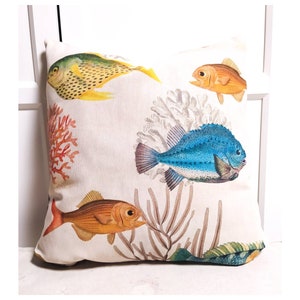 Funda de cojín de algodón Reef Fish en 8 tamaños cojín decorativo verano peces tropicales corales conchas plantas mar nadando mundo submarino