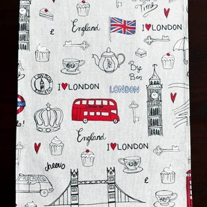 Canvas Cotton Tischläufer 200cm (79") lang groß moderne Wohndekor Mitteldecke mit Schriftzug London Big Ben Tee time beige/schwarz/rot/weiß