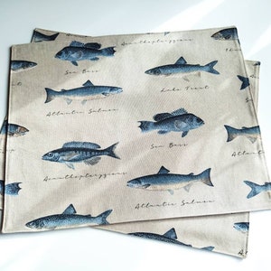 1-12 manteles individuales (reversibles) aspecto de lino lienzo algodón decoración del hogar color: lino natural azul negro pescado de agua dulce salmón carpa trucha lubina