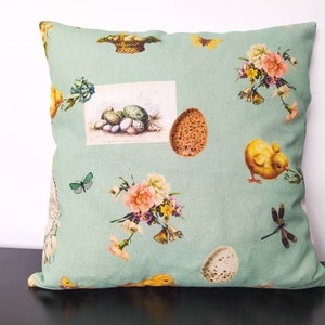 Cotton couch cushion cover in 8 sizes. Decorative cushion cover Easter bunny Easter egg chick spring flowers butterfly. Easter romance