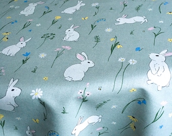 Festliche Oster- Mitteldecke oder XXL Tischdecke bis 4,50 m groß | rechteckig o. rund süß festlich | Farbe: Soft-grün | Cute Rabbit Garden