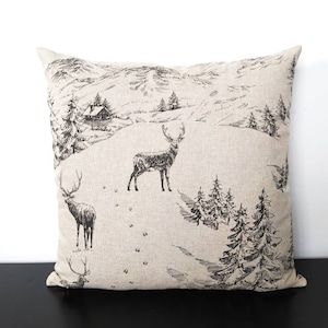 Winter decorative cushion cover Christmas decoration Advent color: natural linen dark grey deer mountain hut fir tree landscape mountain