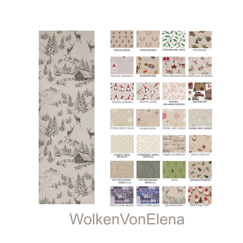 May include: A collection of 20 different Christmas fabric designs featuring various holiday themes, including reindeer, snowmen, stars, and winter scenes. The designs are printed on a beige background.
