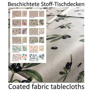 Könnte beinhalten: Beschichtete Stofftischdecken mit verschiedenen Mustern, darunter Blumen-, Olivenzweig- und Tupfendesigns. Das Bild zeigt eine Auswahl an Mustern, mit dem Text "Coated fabric tablecloths" unten.