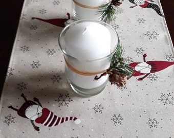 Tischläufer Weihnachten sehr süß Advent Weihnachts-Deko Mitteldecke jede Länge möglich, 30cm breit, Farbe: natur grau rot schwarz, Wichtel