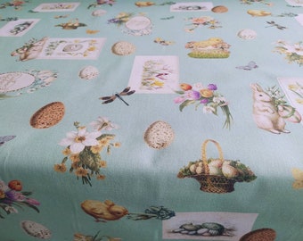 Wunderschöne Oster-XXL Cotton Tischdecke oder Mitteldecke Wohndekor | lang rechteckig oder rund | Farbe: soft-grün Küken | Vintage-Romantik