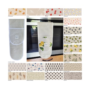 May include: A collection of oven mitts and fabric swatches. The mitts feature various patterns, including polka dots and lemons. Swatches display designs like croissants, poppies, and olives. The text "WolkenVonElena" is visible on the mitts.