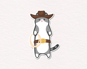 May include: A cartoon illustration of a gray and white cat wearing a brown cowboy hat and a brown belt with a gold buckle. The cat is holding a lasso in its right paw.
