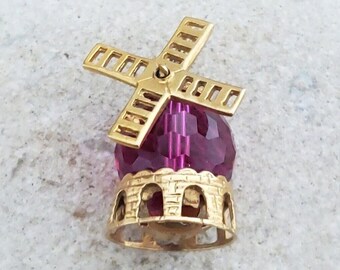 Vintage 9ct Gold and Purple Crystal Articulated Windmill Charm by CHIM | Mid Century Jewelry