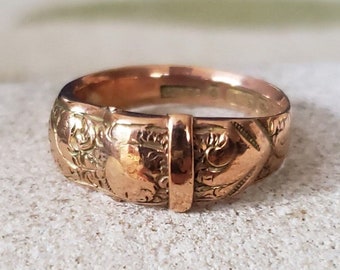 Antique 9ct Rose Gold Buckle Ring by L.Bros, Victorian Jewelry | Ring Size UK=N.5 USA=6.75