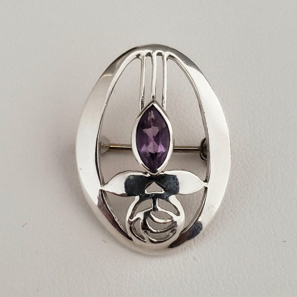 Vintage Sterling Silver and Purple Glass Charles Rennie Macintosh Brooch | Scottish Jewelry