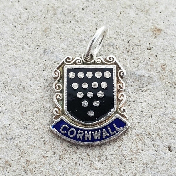 Vintage Sterling Silver and Enamel Cornwall Shield Charm | English Souvenir