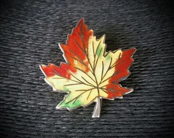 Heavy Vintage Sterling Silver Maple Leaf Brooch, Enamel Leaf Pin | Autumn Jewelry