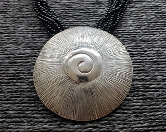 Vintage Sterling Silver Textured Swirl Pendant and Black Bead Chain Necklace by J & T, Boho Jewelry | Necklace Size UK=47cm USA=18.5in