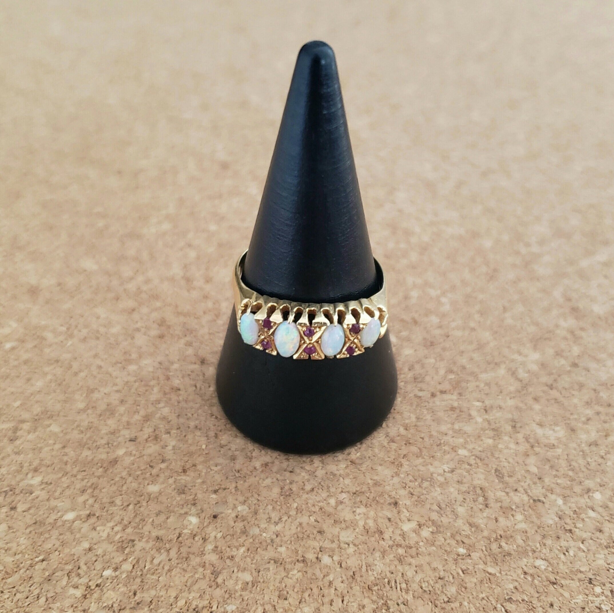 Vintage 18ct Gold, Opal and Ruby Gypsy Ring, Mid Century Jewelry | Ring Size UK=0.5 USA=7.25